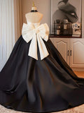 Satin Satin Bow Flower A Line White & Black Prom Dress