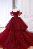 Tulle Beading Burgundy Ruffles Off The Shoulder Prom Dress