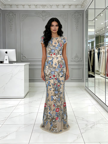 Scoop Lace Floral Trumpet Mermaid Long Sleeve Prom Dress