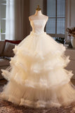 Tulle Ruffles A Line Sweetheart Champagne Prom Dress