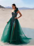 Detachable One Shoulder Bow Dark Green Prom Dress With Slit