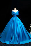 Satin Off The Shoulder Blue A Line Ruched Prom Dress