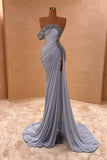 Crystal Royal Blue One Shoulder Ruched Prom Dress with Slit