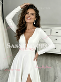 Spandex V Neck A Line Long Sleeve Wedding Dress