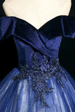 Blue Velvet Off The Shoulder Beading Tulle Prom Dress
