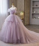 Tulle Floral Ball Gown Princess Lavender Prom Dress