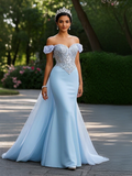 Tulle Off The Shoulder Trumpet Mermaid Blue Detachable Train Prom Dress