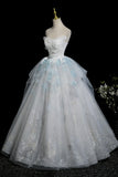 A Line Lace Flower Blue Sparkle Prom Dress