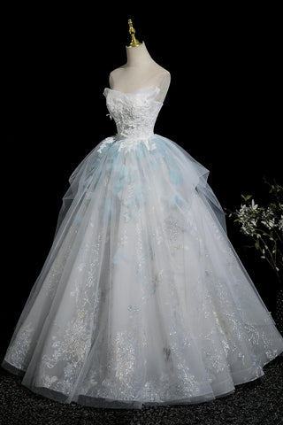 A Line Lace Flower Blue Sparkle Prom Dress