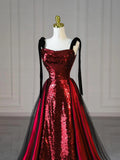 Burgundy Sequins A Line Spaghetti Straps Prom Dress