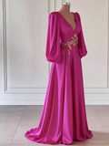 Bishop Sleeves Fuchsia Deep V Neck A Line Satin Prom Dress