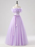 Tulle Floor Length A Line Purple Belt Prom Dress