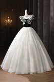 White Tulle & Green Print A Line Prom Dress