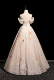Champagne Floral Sequins A Line Off the Shoulder Prom Dress