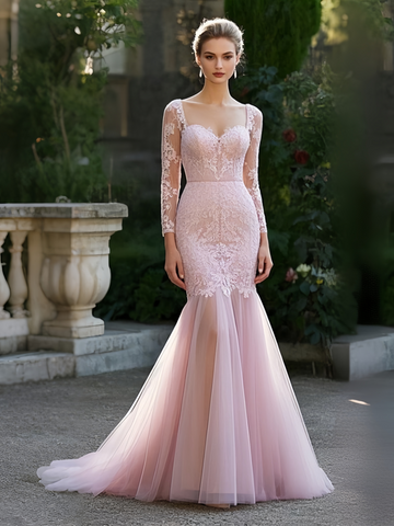 Long Sleeve Tumpet Mermaid Pink Lace Prom Dress