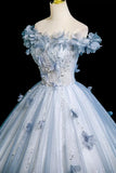 Flowers Floral A Line Blue Tulle Prom Dress