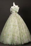 A Line Green Floral Tulle Off The Shoulder Prom Dress