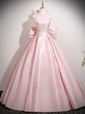 A Line Pink Satin Bow Backless Pearls Scoop Prom Dress