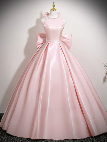 A Line Pink Satin Bow Backless Pearls Scoop Prom Dress