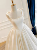 Satin Ivory Straps Bow A Line Sleeveless Wedding Dress