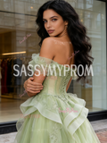 Green Off The Shoulder Tulle A Line Ruffles Prom Dress