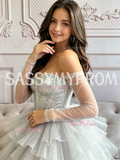 Silver High Low Tulle Sparkle Strapless Long Sleeve Homecoming Dress