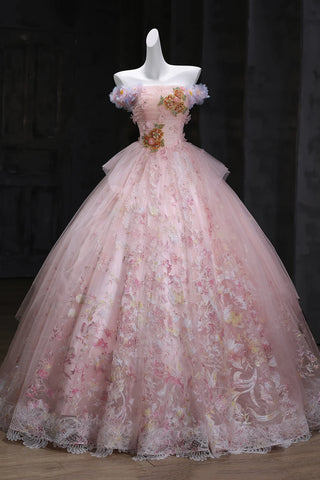 Lace Off The Shoulder A Line Beading Pink Tulle Prom Dress