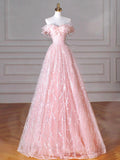 Tulle Sequins Sequin Pink Off The Shoulder Prom Dress