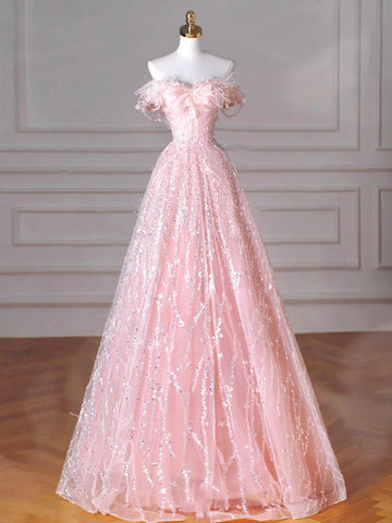 Tulle Sequins Sequin Pink Off The Shoulder Prom Dress