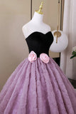 Sweetheart Black Velvet Lavender Flower Prom Dress