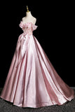 Satin A Line Flower Off The Shoulder Prom Dress