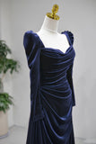 Ruched Floor Length Long Sleeve Navy Velvet Prom Dress