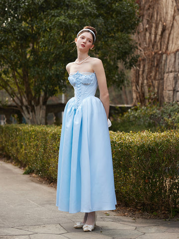 Lace Up Satin A Line Sweetheart Blue Prom Dress