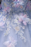 Tulle Square Sequin Puffy Sleeve Blue A Line Prom Dress