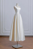 White Satin Tea Length A Line Square Prom Dress