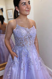 Appliques Spaghetti Straps Lavender Tulle Prom Dress With Pockets