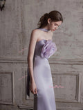 Flower Satin Trumpet Mermaid Lavender Strapless Prom Dress