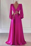 Bishop Sleeves Fuchsia Deep V Neck A Line Satin Prom Dress