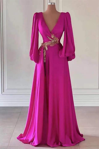 Bishop Sleeves Fuchsia Deep V Neck A Line Satin Prom Dress