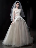 Long Sleeve Sheer Lace Beige A Line Wedding Dress
