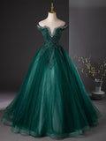 Tulle Sequins Beading Off The Shoulder Dark Green Prom Dress