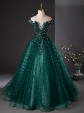 Tulle Sequins Beading Off The Shoulder Dark Green Prom Dress