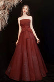 Burgundy Strapless Sequin Sparkle Tulle A Line Prom Dress