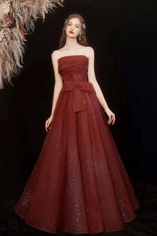 Burgundy Strapless Sequin Sparkle Tulle A Line Prom Dress