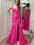 Mermaid Hot Pink Satin High Slit Prom Dress
