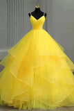 Vibrant Yellow Layered Ruffled Tulle Spaghetti Straps Prom Dress