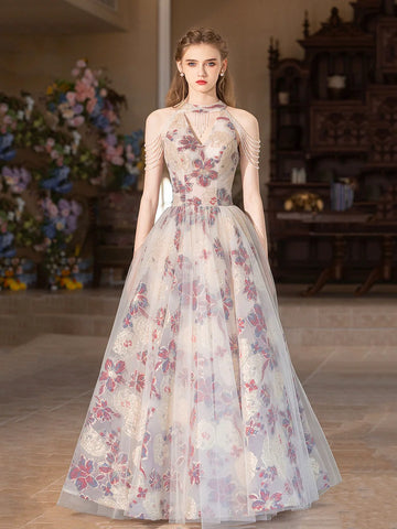 Floral Print A Line Backless High Neck Prom Dress
