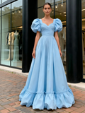 Sweetheart A Line Satin Puffy Sleeve Yellow Prom Dress