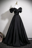 Off the Shoulder A-Line Satin Black Ruffles Prom Dress
