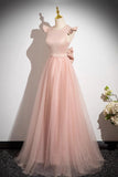 Tulle Scoop A Line Bow Pink Satin Prom Dress